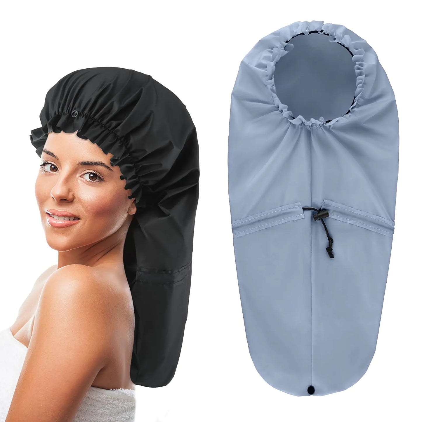 2 Pcs Large Shower Cap for Braids Extra Long Shower Cap for Women Long Hair & Locs Waterproof Hair Bonnets for Dreadlocks Drawstring Bath Caps for Women & Men (Black Grey)