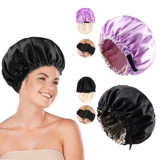 OWITER Shower Cap Womens Satin Bonnet for Sleeping Double Layer Satin Bonnets for Black Women Curly Hair Braids .7106 (black and lavender)