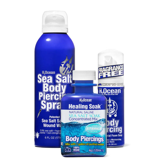 H2Ocean Complete Sea Salt Saline Vegan Body Piercing Healing and Cleansing Kit for Ear Nose Bellybutton and All Body Piercings