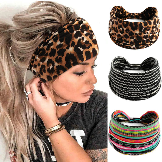FULZTEY Boho Headbands Leopard Hair Bands Wide Knotted Turban Striped Hairband African Style Head Wraps Stretchy Yoga Workout Bandanas Chic Hair Accessories for Women and Girls 3Pcs