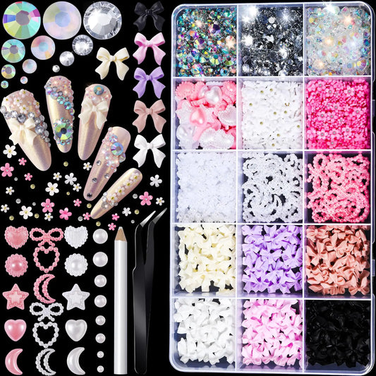 FANDAMEI Nail Art Kit Nail Charms and Gems Nail Art Charms Nail Design Kit Rhinestones for Nails Nail Gems Bow Nail Charms Bow Charms for Nails Flower Nail Charms Pearls for Nails